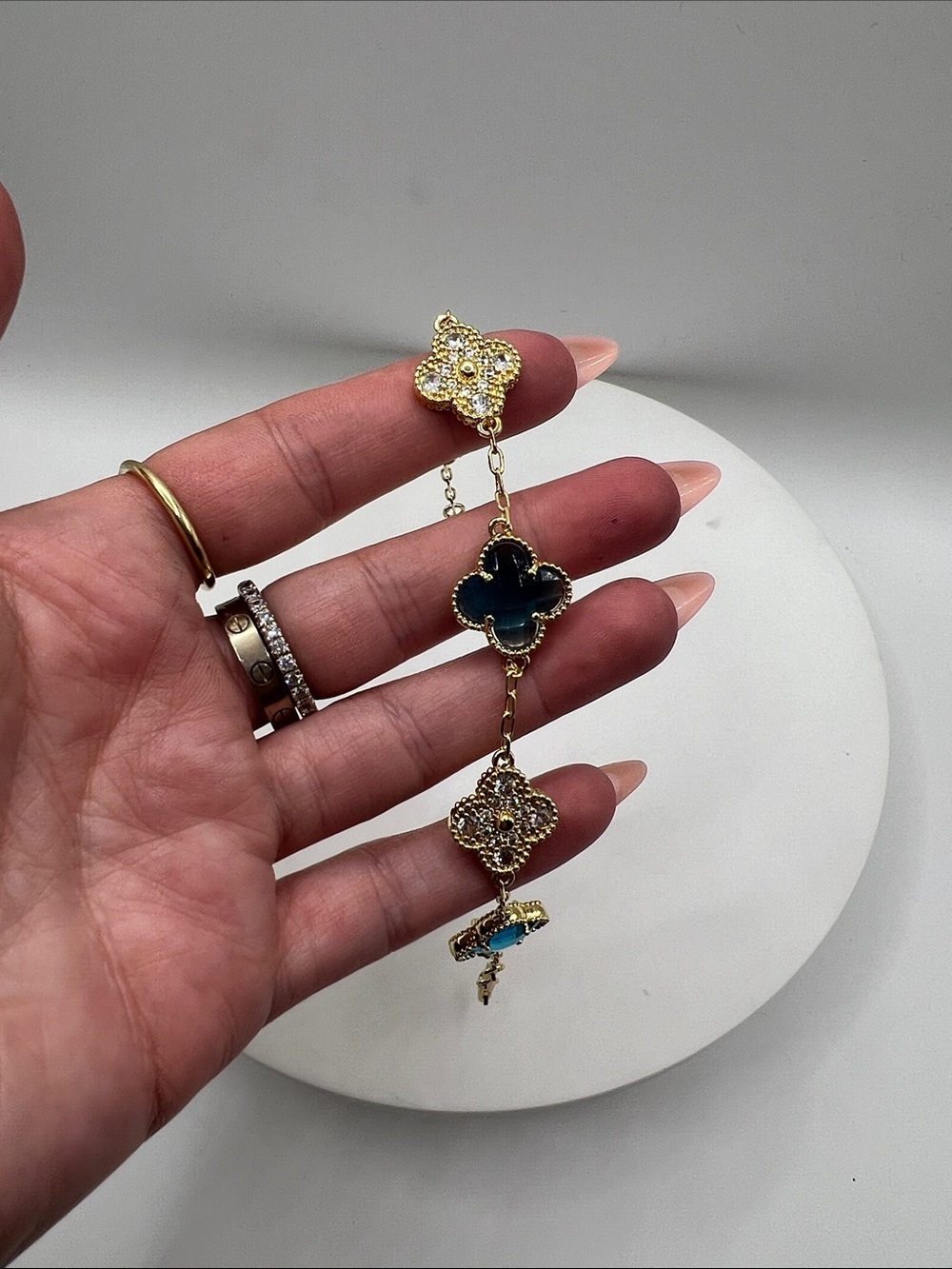150. 18k Gold Plated Clover Bracelet w/ Blue Stone & Crystals.  7 1/2” - 8” - Picture 3 of 5